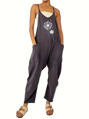 Dandelion Print V Neck Casual Jumpsuit