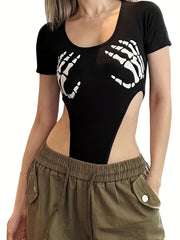 Skull Hand Print Bodysuit Short Sleeve Sexy One Piece Women's Clothing