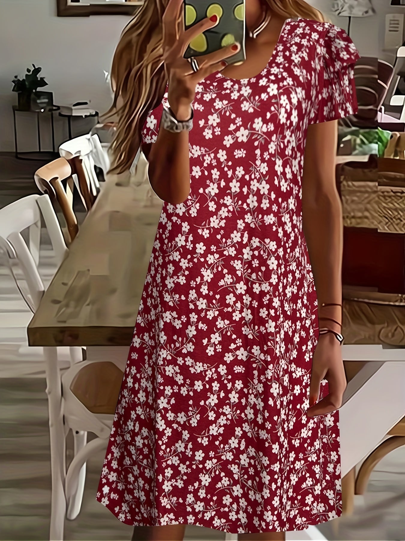 Floral Print Layered Sleeve Round Neck Mini Dress