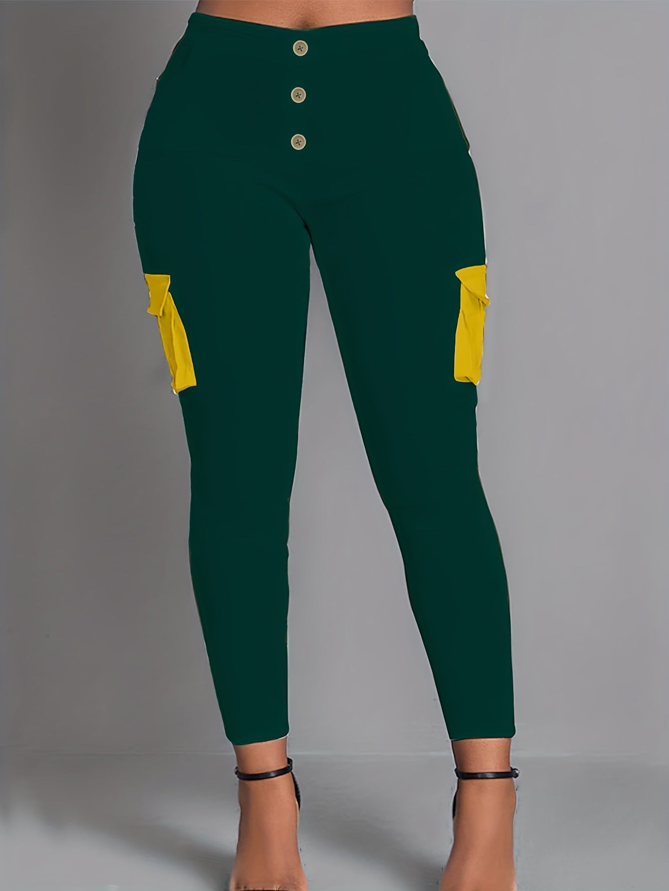 Colorblock Button High Rise Cargo Leggings