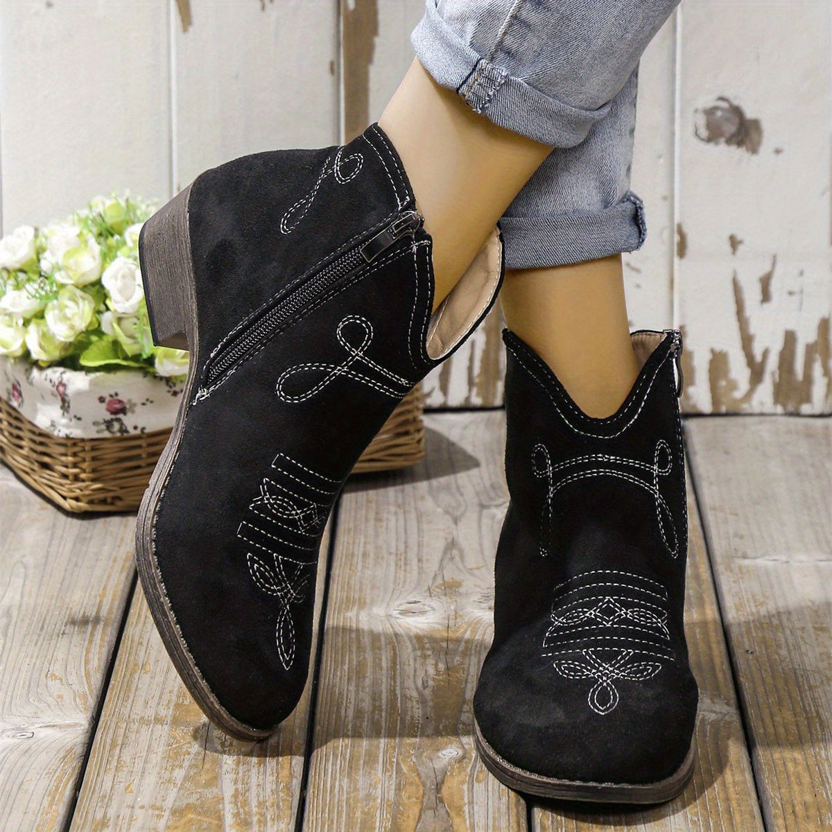 Embroidered Western Ankle Boots V Cut Side Zipper Low Heels Pointed Toe Cowgirl