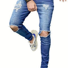 Slim Fit Ripped Jeans Men's Casual Street Style Distressed Mid Stretch Denim Pan