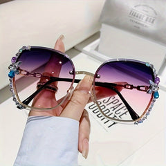 Rhinestone Rimless Sunglasses UV400 Gradient Glasses