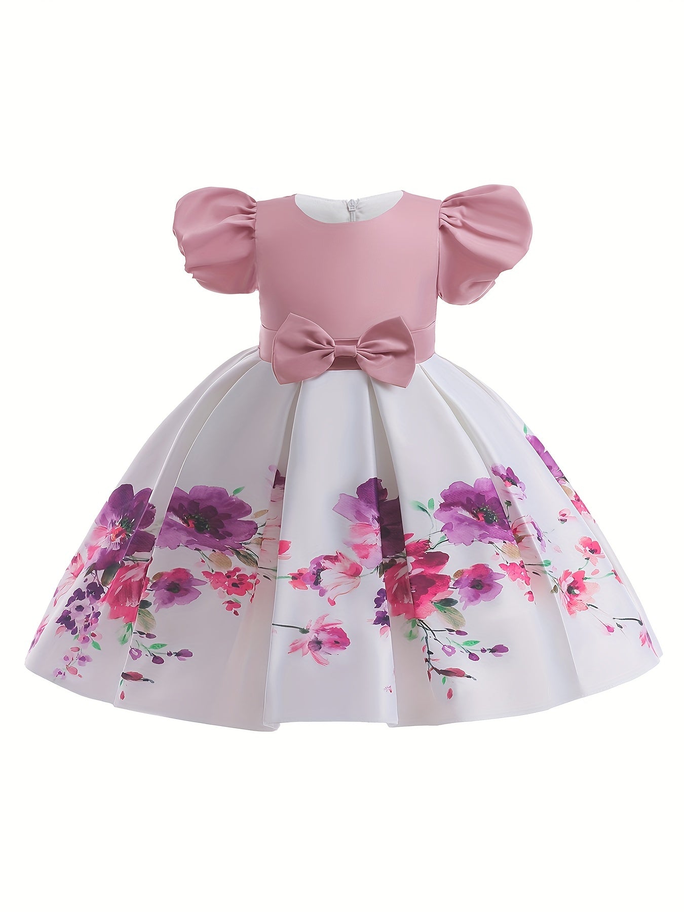 Boho Flowers Formal Dress With Bow And Puff Sleeve For Little Girls