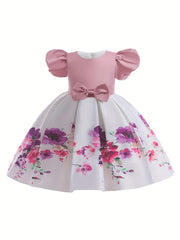 Boho Flowers Formal Dress With Bow And Puff Sleeve For Little Girls