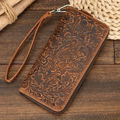 Men's Vintage Travel Wallet Top Grain Leather with Wristlet Zipper Closure