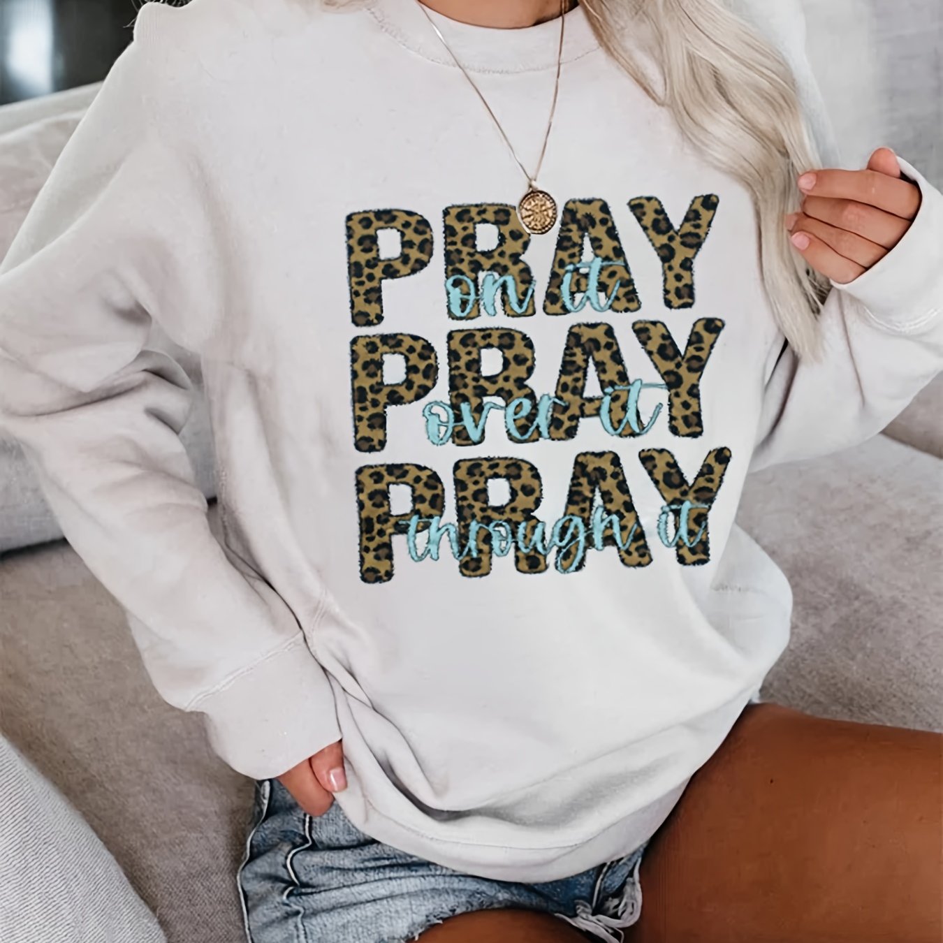 Leopard Letter Print Pullover Sweatshirt for Women