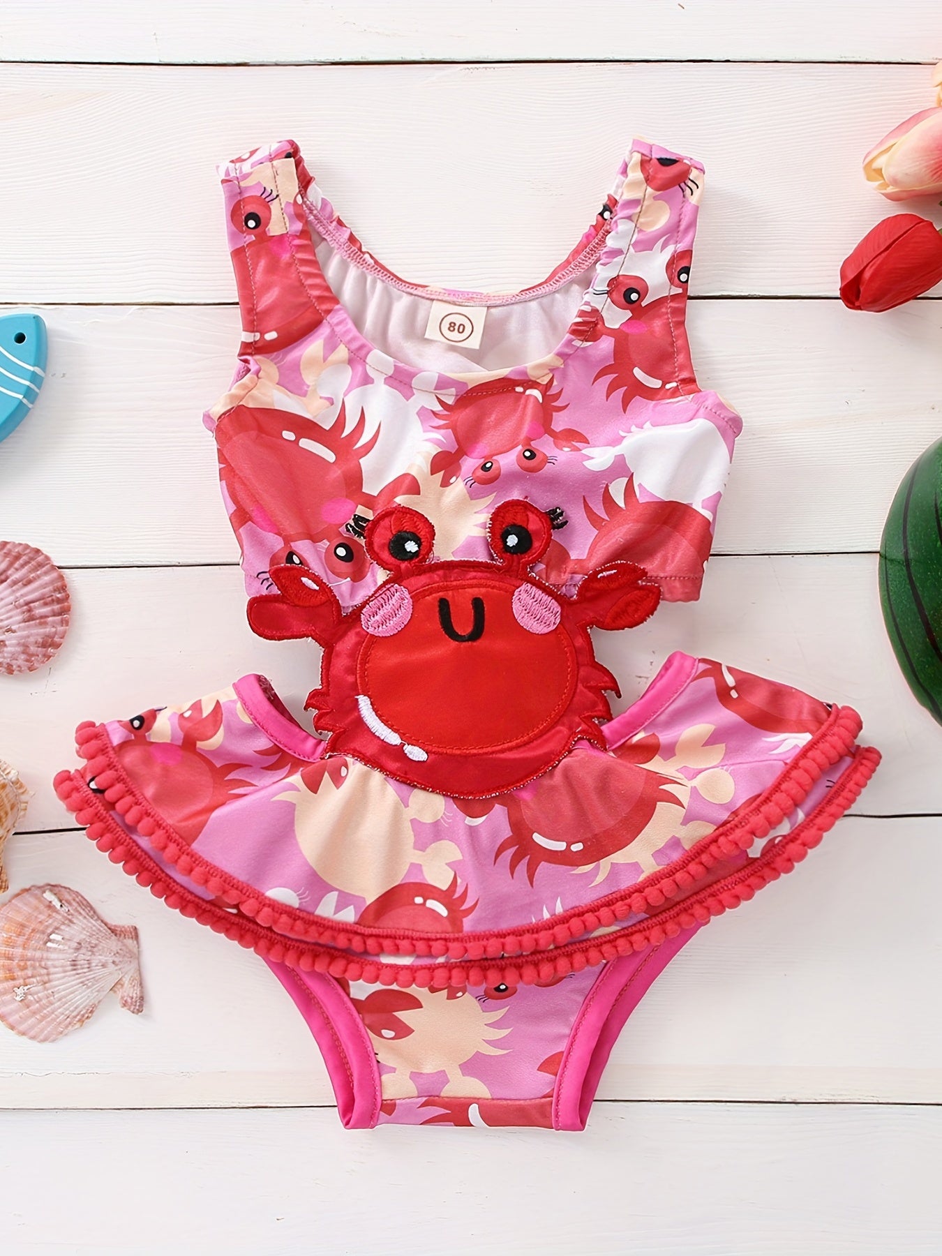 Cartoon Crab Print Girls One Piece Swimsuit