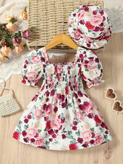 Girls Ruffle Trim Shirred Puffy Floral Dress for Toddler Baby