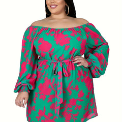 Casual Dress Women's Plus Floral Print Off Shoulder Mini Dress