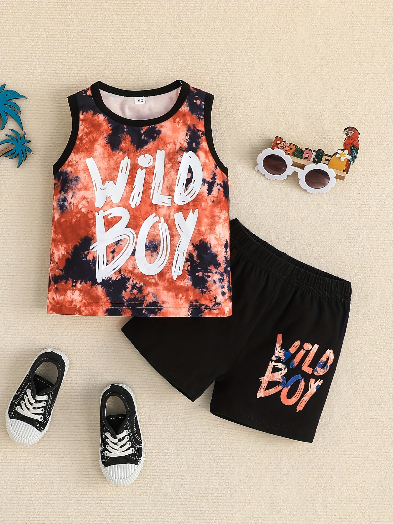Boy's Tank Top & Shorts Set WILD BOY Tie Dye Print Casual Summer Clothes