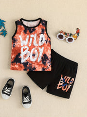 Boy's Tank Top & Shorts Set WILD BOY Tie Dye Print Casual Summer Clothes