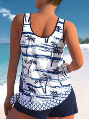 Tropical Print Tankini Set Round Neck Knot Side Swimwear 2 Piece Set