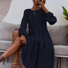 Tiered Solid Dress Casual Crew Neck Lantern Sleeve Dress
