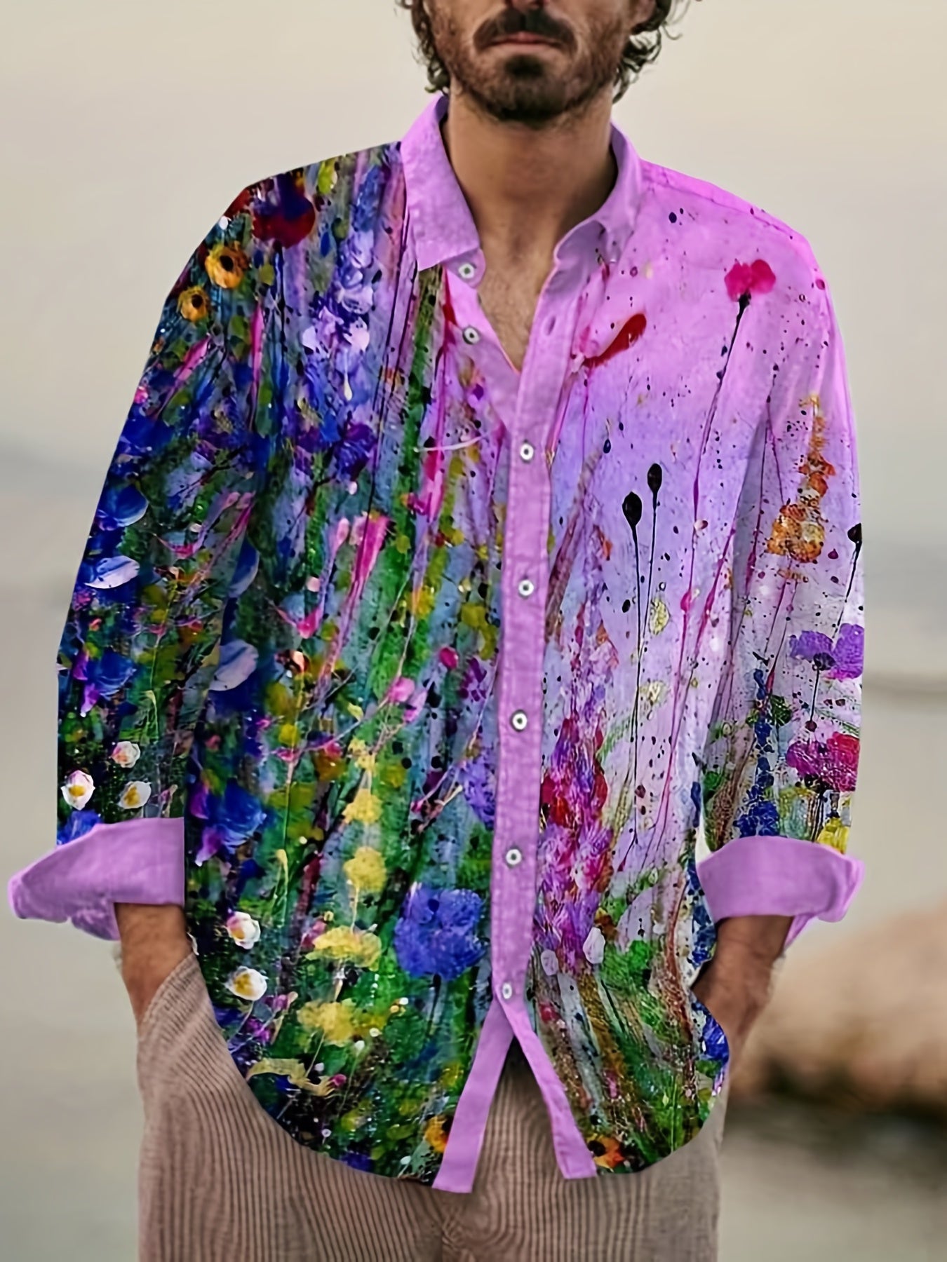 Art Style Splash Print Men's Casual Long Sleeve Shirt