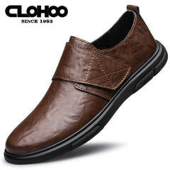 CLOHOO Men's Leather Hook And Loop Outdoor Loafer Shoes