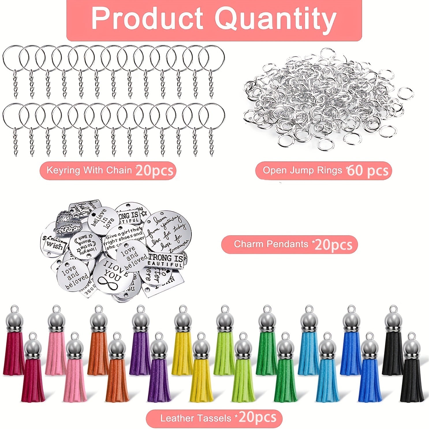 120pcs Keychain Accessories Set with Engraved Inspirational Words Charms
