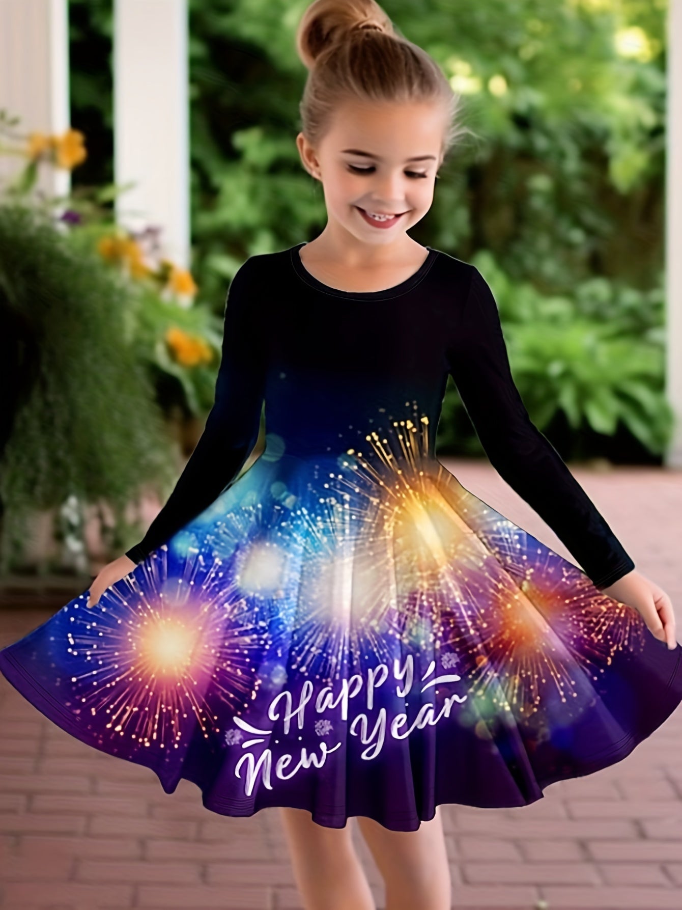 Girls Casual Firework Graphic Long Sleeve Dress
