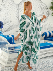 Tropical Print Maxi Kaftan Beach Dress V Neck Split Abaya Dress