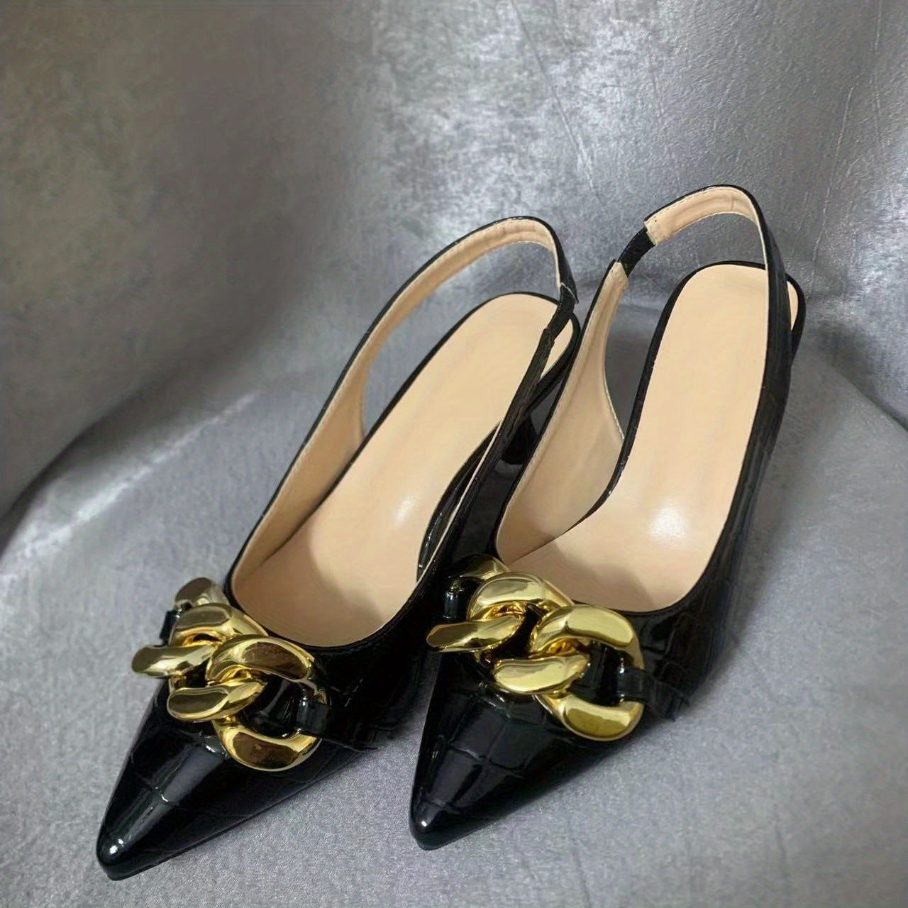 Metallic Chain Decor Mules Cone Heel Point Toe Ankle Buckle Slingback Shoes