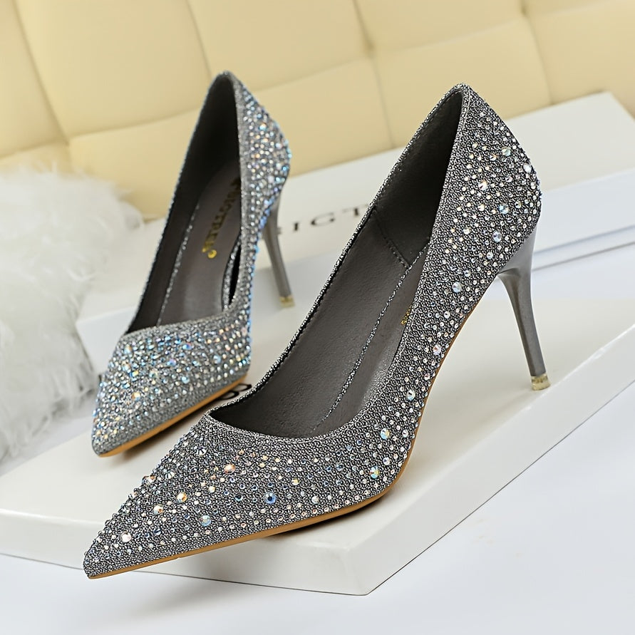 Glitter Rhinestone Stiletto Heeled Pumps - Evening Dress Heels