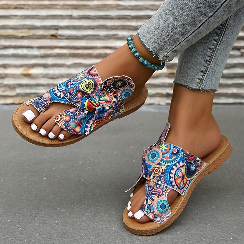 Women's Bowknot Sandals Floral Printed Slip On Toe Loop Casual Flat Summer Shoes