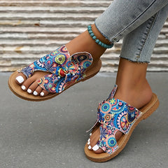 Women's Bowknot Sandals Floral Printed Slip On Toe Loop Casual Flat Summer Shoes