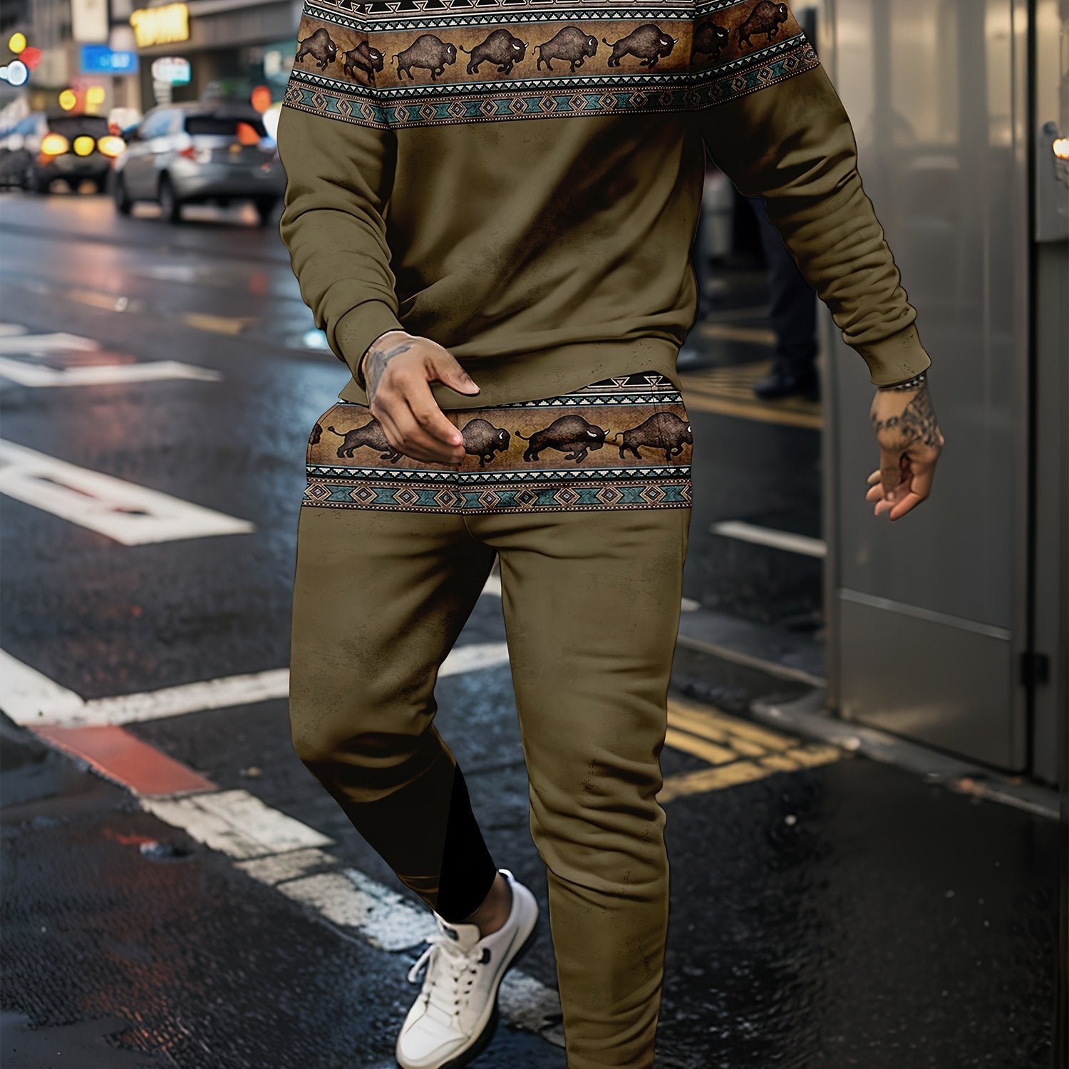Men's 3D Print Crew Neck Sweatshirt and Joggers Set
