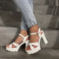 Solid Block Heel Ankle Strap Platform Pumps