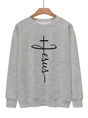Letter & Cross Print Pullover Sweatshirt for Women
