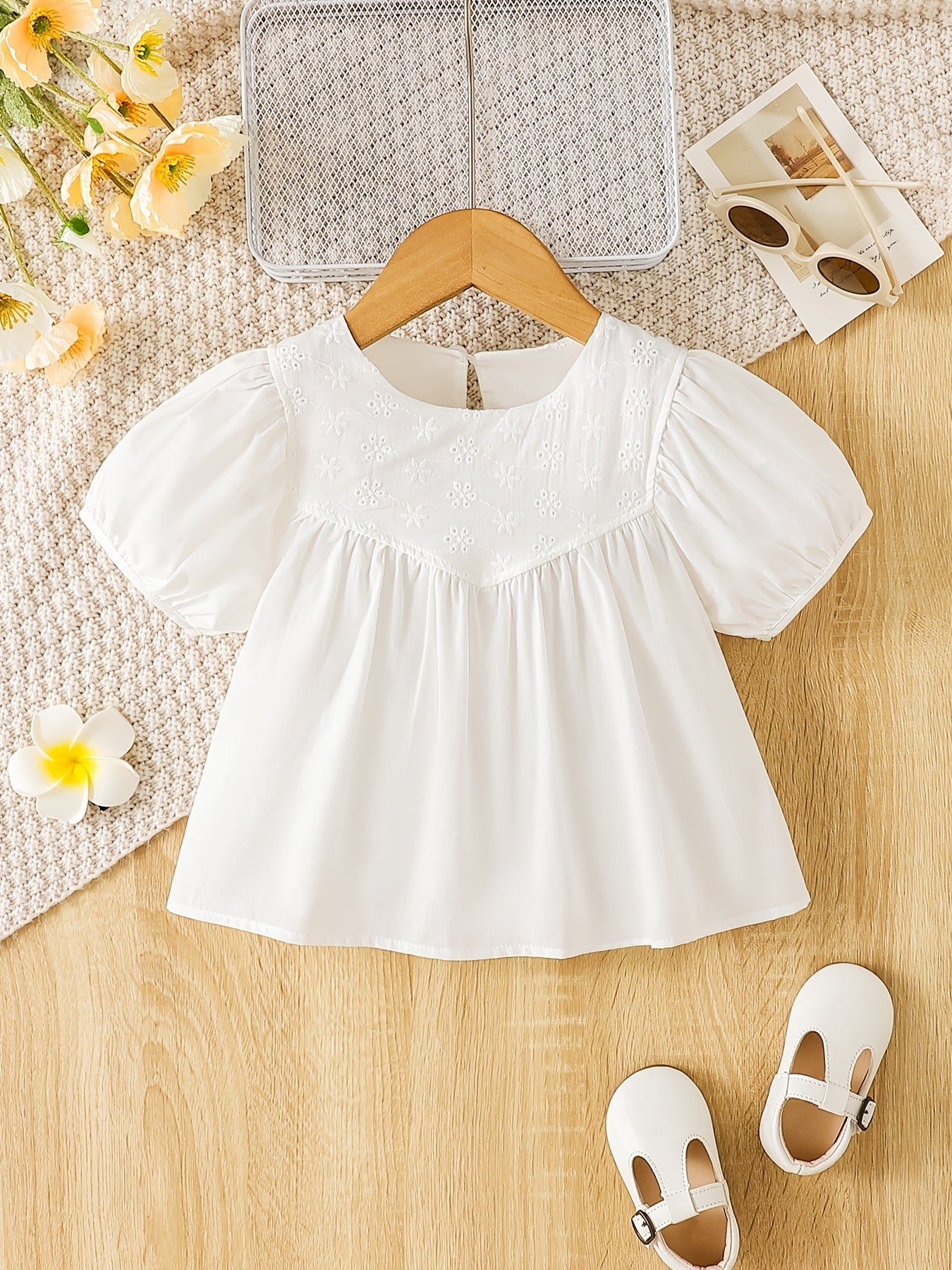 Girls Casual Puff Sleeve Flower Blouse Short Sleeve Top