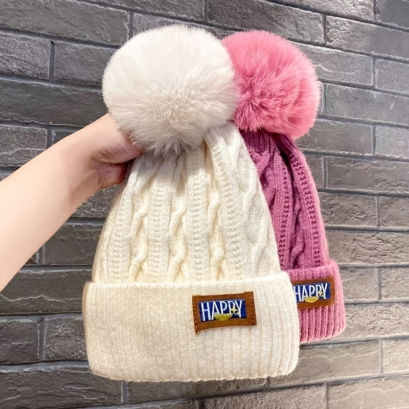 Women's Winter Padded Hat Warm Wool Cap Woolen Pom Pom Knitted Hat