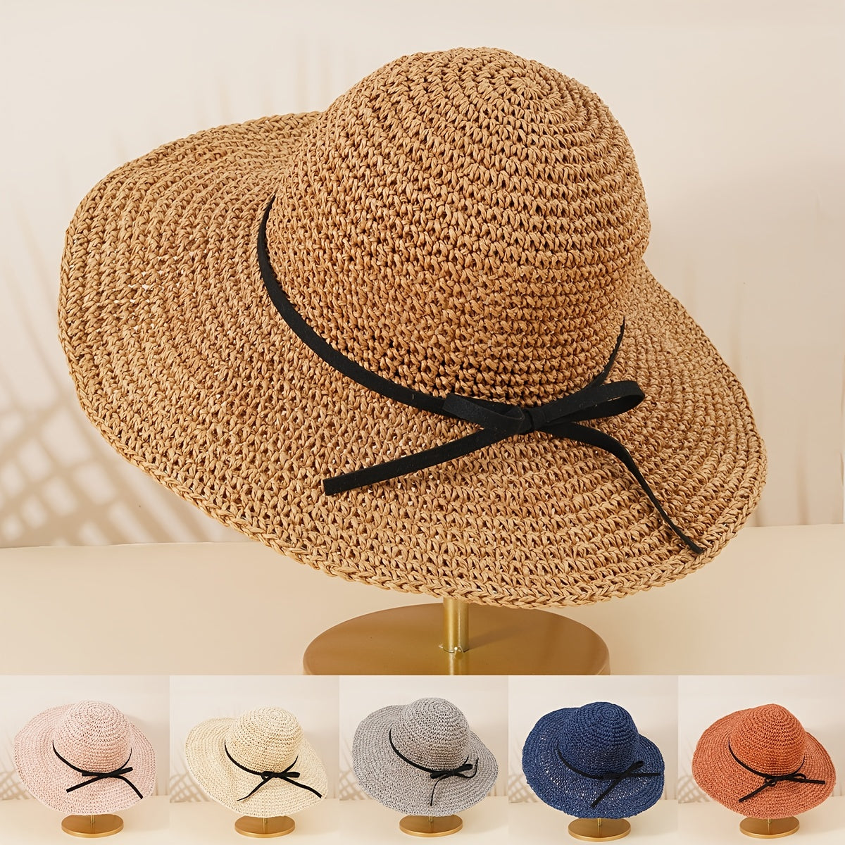 Boho Straw Hat with Thin Bow Tie for Beach Travel