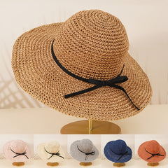 Boho Straw Hat with Thin Bow Tie for Beach Travel