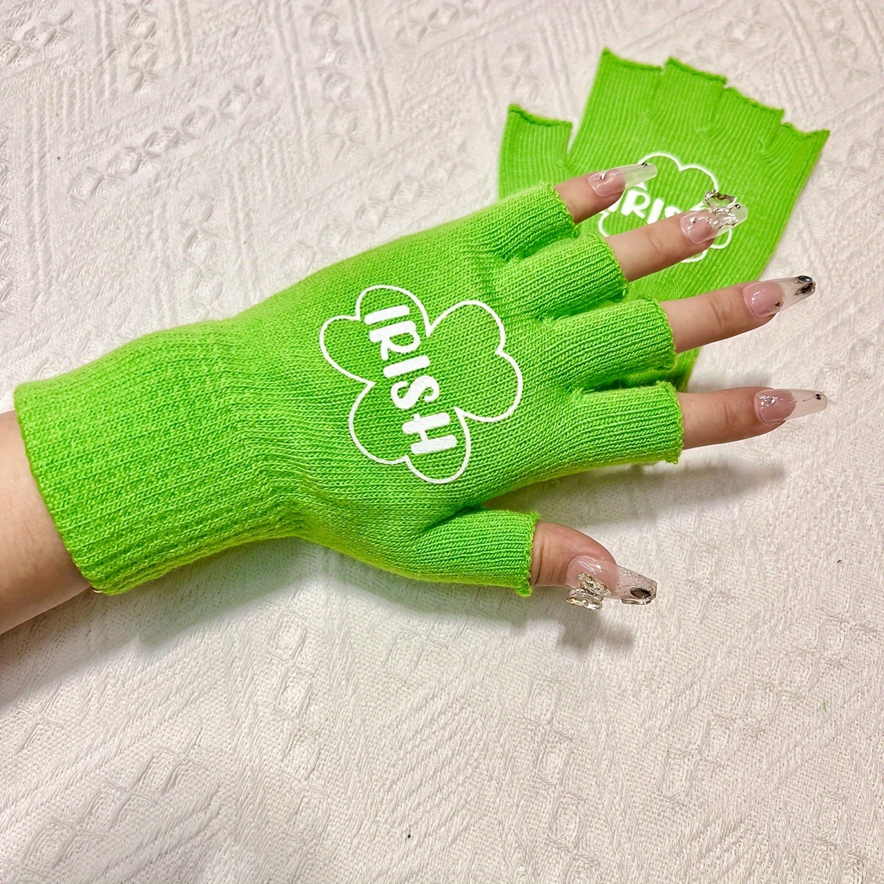 Green Four Leaf Clover Half Finger Outdoor Sports Gloves