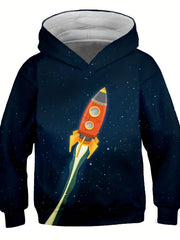 Boy's Galaxy & Rocket Graphic Hoodie Stretch 3D Print Hooded Sweatshirt