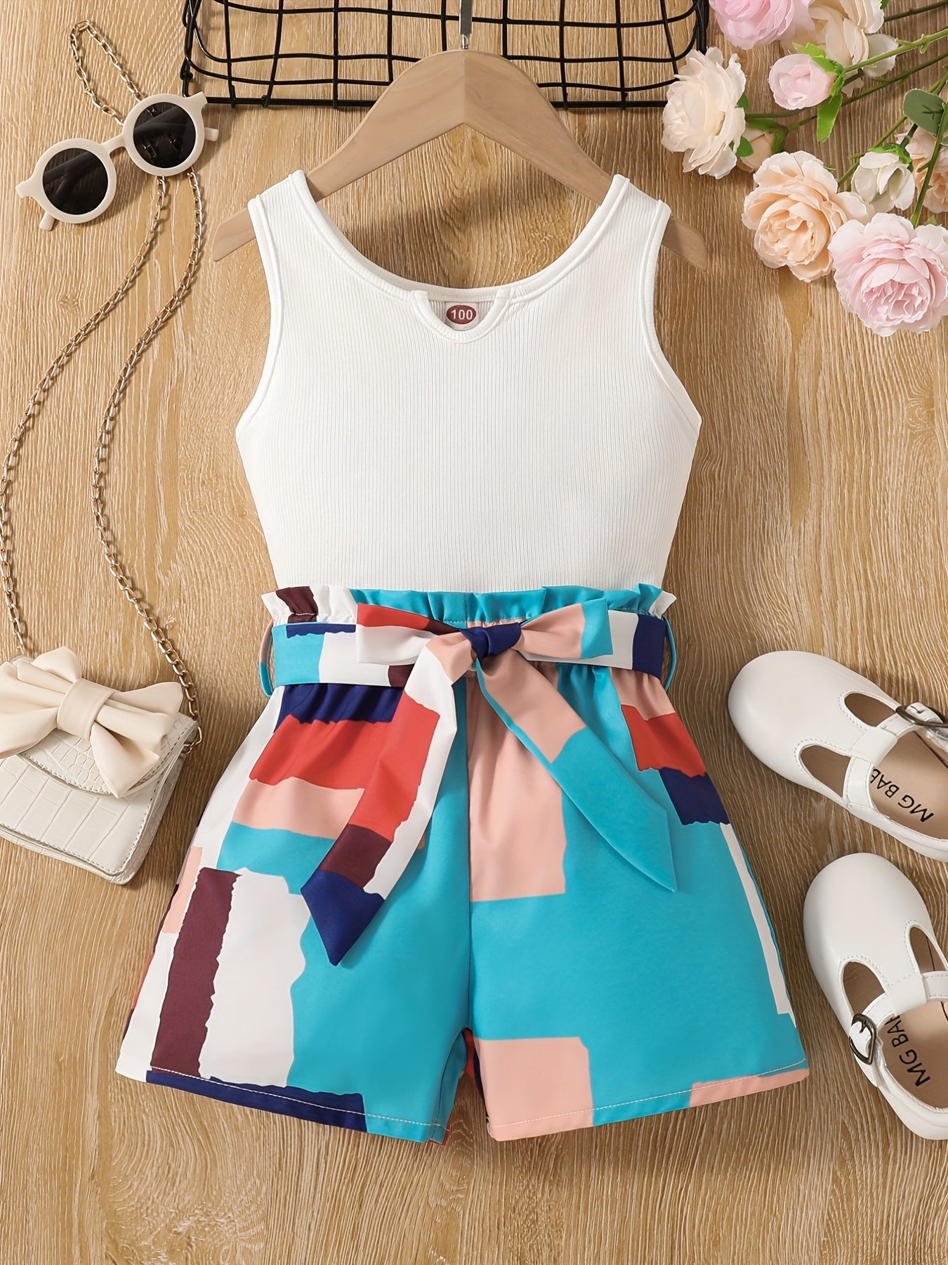 2pc Toddler Girls Ribbed Knit Tank Tops & Belted Shorts Set