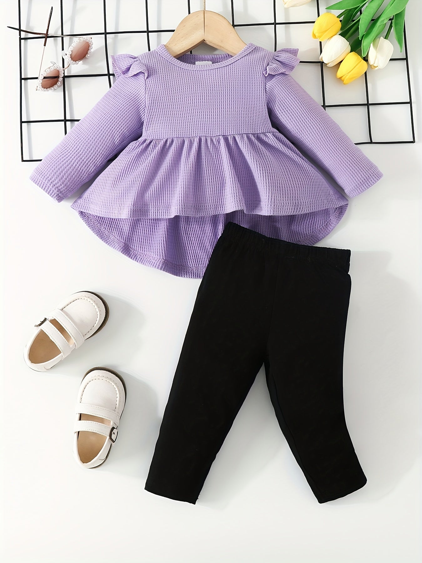 Baby Girls Cartoon Ruffled Ribbed Peplum Top & Pants Set