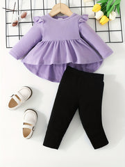 Baby Girls Cartoon Ruffled Ribbed Peplum Top & Pants Set