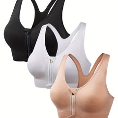 3 Pack Plus Size Front Zipper Padded Sports Bras Set