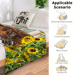 Vintage Horse Sunflower Flannel Blanket Lightweight Throw for Couch Bed Office