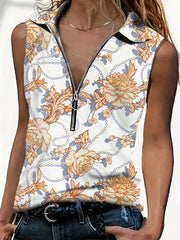 Baroque Print Half Zip Top Shirt Collar Sleeveless Casual Top
