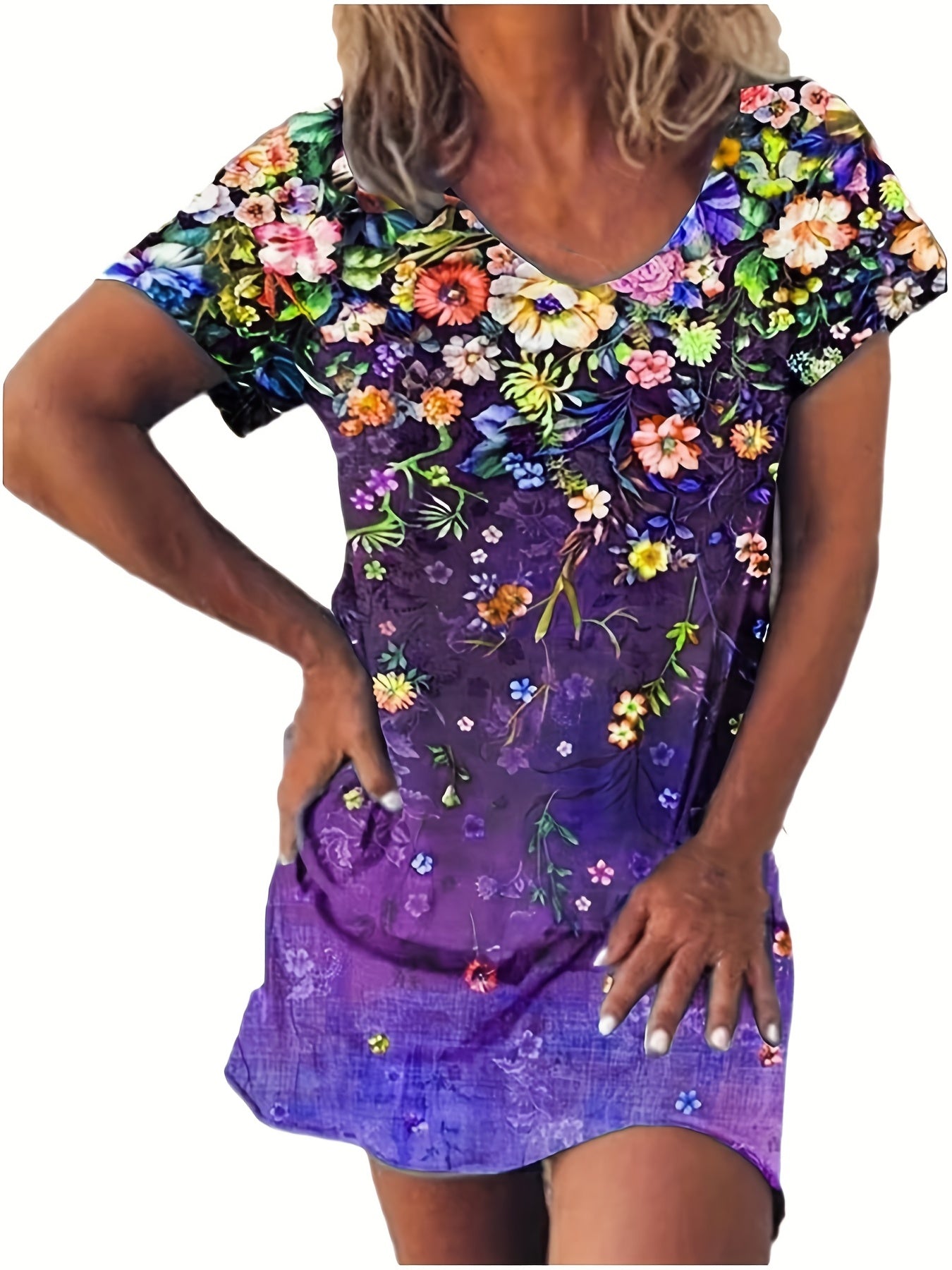 Floral Print V Neck Dress Short Sleeve Casual Dress
