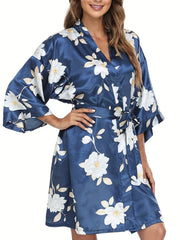 Floral Print V-Neck Night Robe With Belt