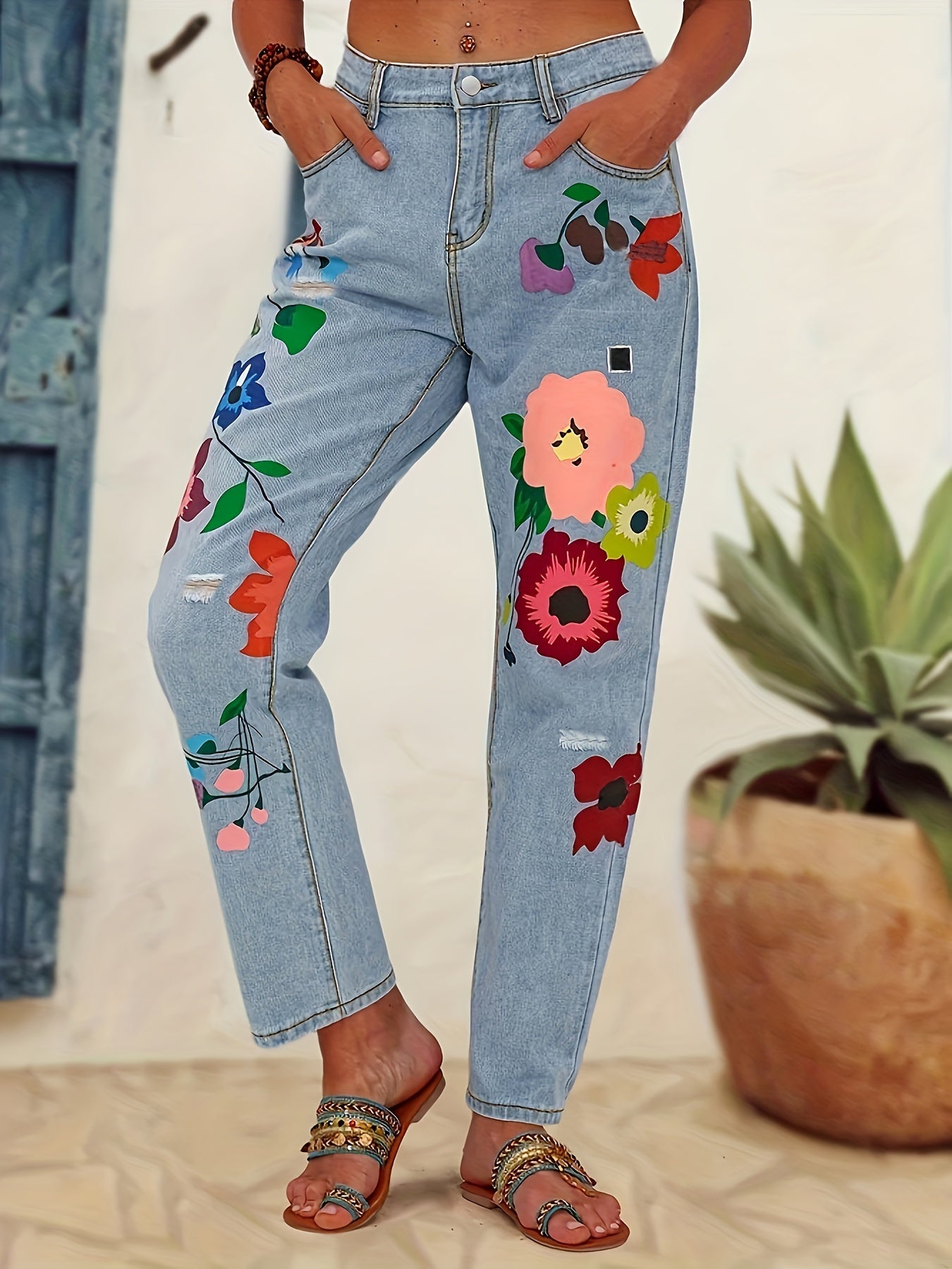 Floral Pattern Straight Jeans Non Stretch Denim Pants
