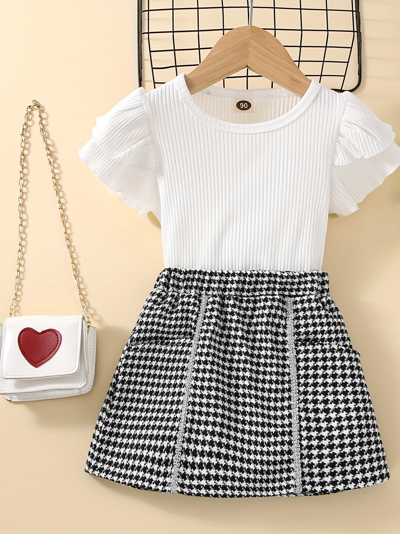 Girls' Ruffle Ribbed Cotton T-shirt & Houndstooth Skirt Set