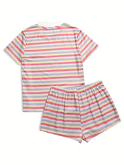 Colorblock Striped Pajama Set Short Sleeve Crew Neck Top & Lounge Shorts