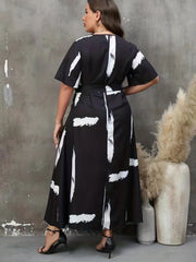 Brush Print Short Sleeve V Neck Maxi Dress