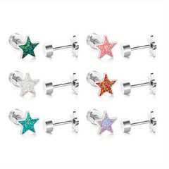 6 Pairs Mini Glitter Pentagram Star Screw Stud Earrings Golden Silver