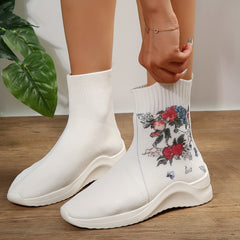 Women's Floral Print Stretch Sock Boots Slip On Ankle Boots